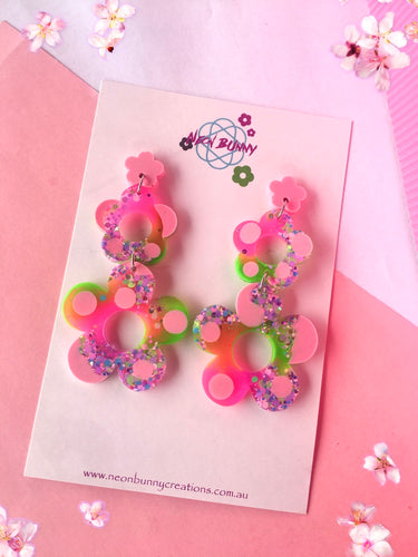 Electric Pink And Green Daisy Dangles