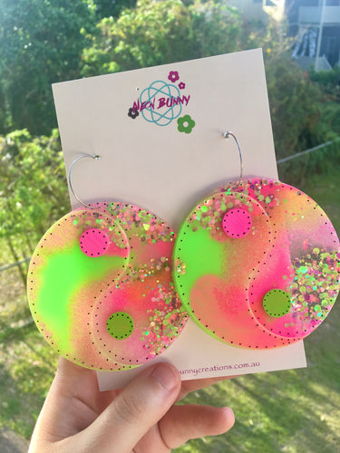 Jumbo pink and green yin yang earrings