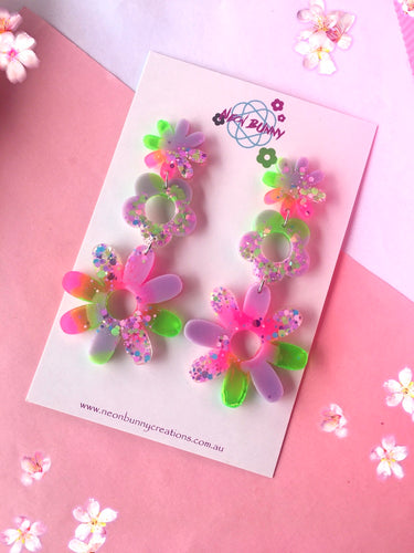 Electric Pink And Purple Daisy Dangles